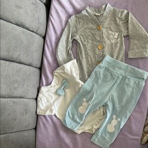 Gray Easter Onesie with Blue Pants and White Shirt Set